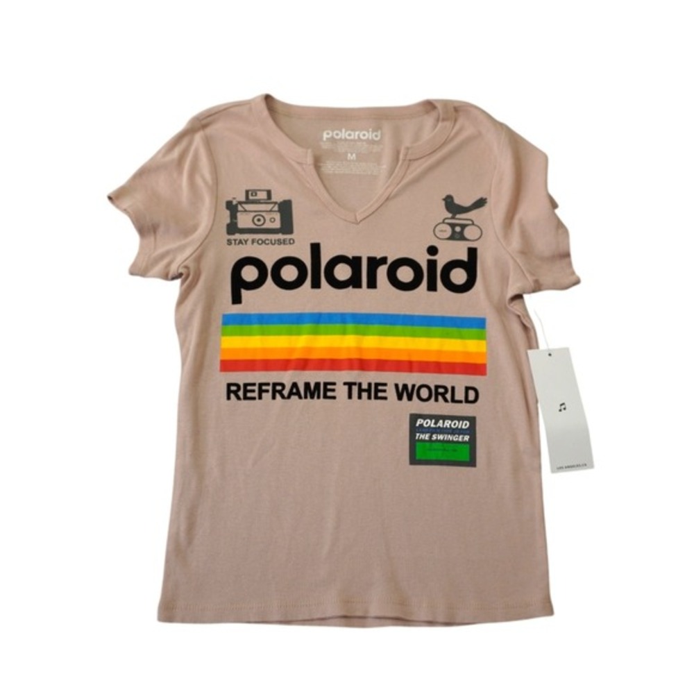 Polaroid Reframe The World Graphic T-Shirt Tan V-Neck Short Sleeve Women Size M